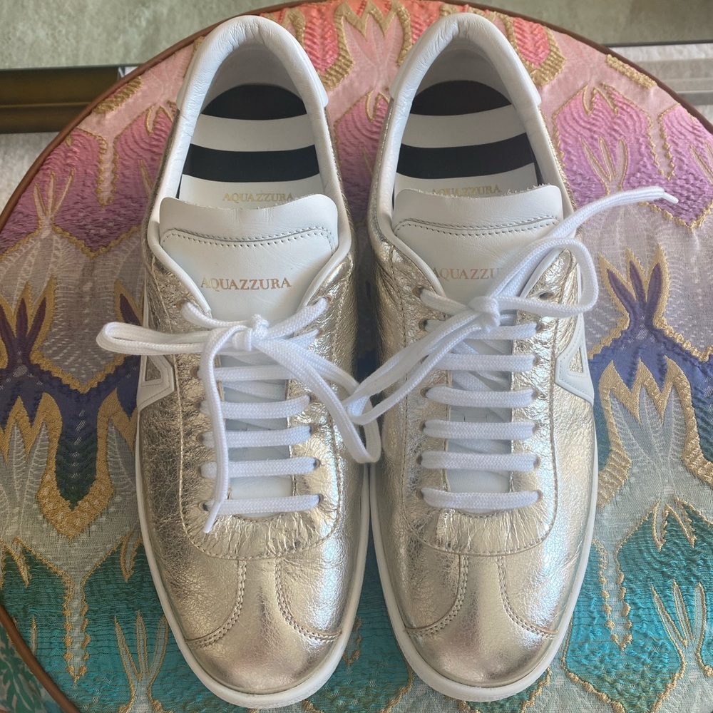 Aquazzura A Metallic Leather Sneakers Gold